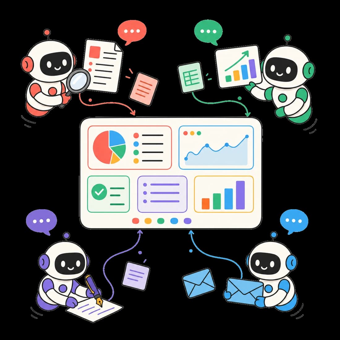 One place where the right AI quietly does every job — a dashboard surrounded by friendly AI helpers.